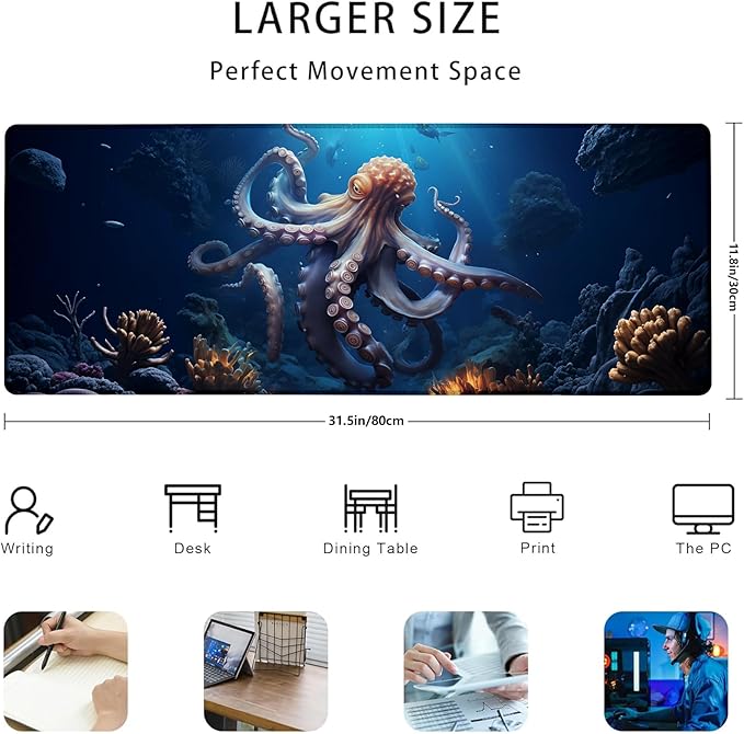 Octopus Gaming Mouse Pad Gifts 31.5" x 11.8", Non-Slip Rubber Base MousePads for Computers Laptop School Office Home Accessories Decor, Mouse Pad, Keyboard Desk Mat