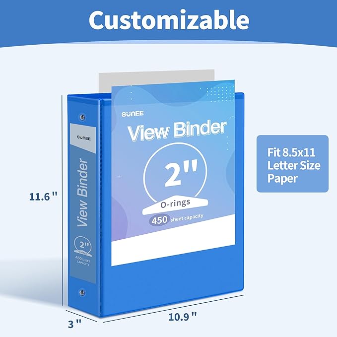 SUNEE 3 Ring Binder 2 Inch 1 Pack, Clear View Binder Three Ring PVC-Free (Fit 8.5x11 Inches) for School or Office Supplies, Blue