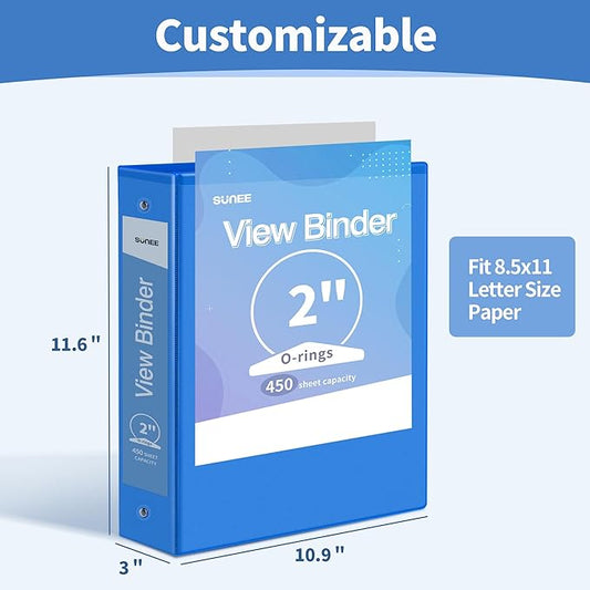 SUNEE 3 Ring Binder 2 Inch 1 Pack, Clear View Binder Three Ring PVC-Free (Fit 8.5x11 Inches) for School or Office Supplies, Blue