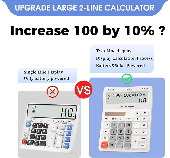 Desktop Calculator Large Display Big Buttons with 12 Digits 2-line LCD, Dual Solar Power and Battery, Calculator with Tax and Check Function for Office, Home, School and Business Large Size（OA-608）