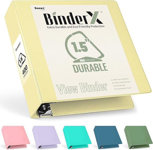 Sooez BinderX Extra Durable 1.5 Inch 3-Ring Binder, Holds 400 Sheets of 8.5x11 Paper, Customizable View Cover with Inside Pockets, Heavy Duty Binder for School, Yellow