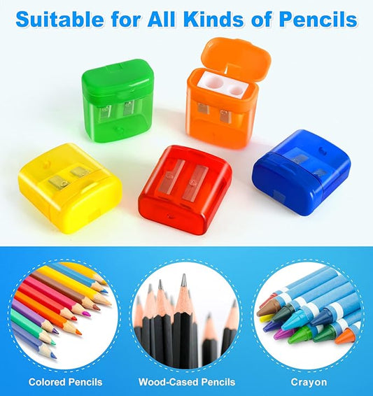 80 Pack Pencil Sharpeners Bulk for Kids, Double Hole Handheld Pencil Sharpener for Classroom, Colored Manual Pencil Sharpener with Cover, Small Pencil Sharpeners Back to School Supplies