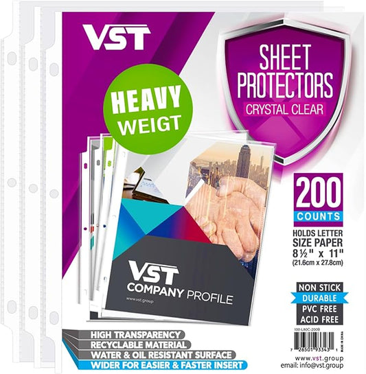 VST Heavy Duty Sheet Protectors 8.5 x 11 in for 3 Ring Binder, 3 Mil Crystal Clear Page Protectors, Plastic Sleeves for Binders, Top Loading Paper Protector Letter Size,200 Sheets