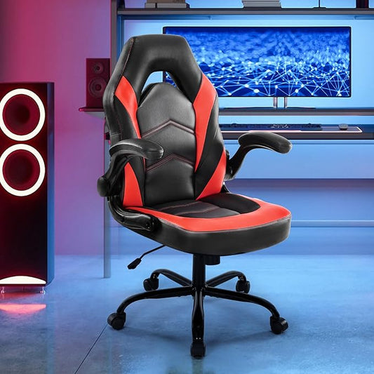 DUMOS Gaming Ergonomic Office Chair for Adults, Height Adjustable Computer Desk Chair with Flip-up Armrests, PU Leather Swivel Video Game Chair with 360° Rolling Wheels, Red