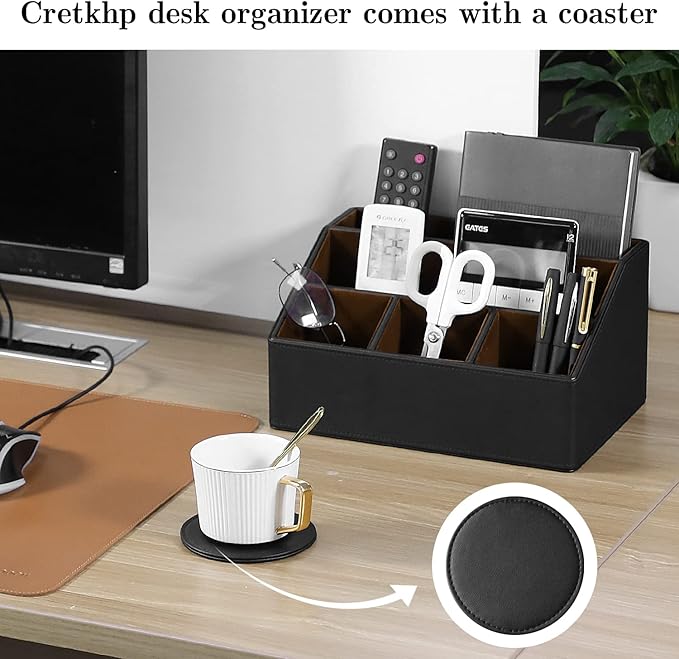 Remote Control Holder with 5 Compartments for Office Art Supplies, PU Leather Nightstand Organizer Pencil Pen Desk Caddy for Home, Desktop TV Remote Control Organizer Storage (Black)