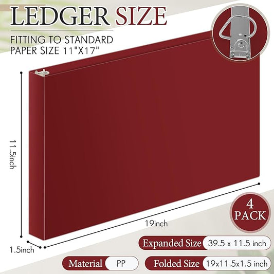4 Pcs 11 x 17 Inch 3 Ring Binders 1 Inch Rings Heavy Duty View Plastic Flexible D Ring Binders Economy Holds 11" x 17" Paper for Artwork Blueprints, Office, Home, Work Places(Red)
