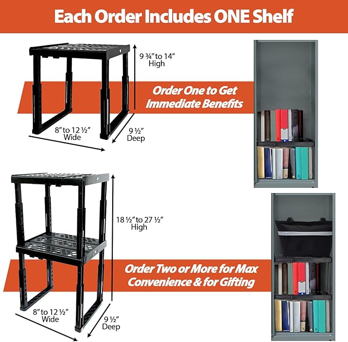 Locker Organizer Shelf, Adjustable Width and Height, Ideal for School, Office, and Gym Lockers (Black 2 Pack)