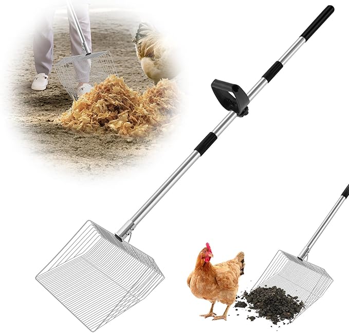 15-inch Large Chicken Poop Scooper with Ergonomic Grip, 4 in 1 Adjustable Chicken Coop Pooper Shovel (24 to 70"), Sifting Litter Shovel Scoop for Chicken Coop/Goat Stall/Stable Cleaning