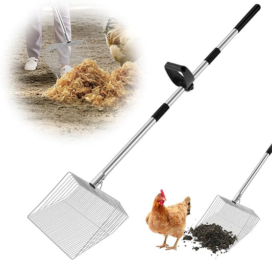 15-inch Large Chicken Poop Scooper with Ergonomic Grip, 4 in 1 Adjustable Chicken Coop Pooper Shovel (24 to 70"), Sifting Litter Shovel Scoop for Chicken Coop/Goat Stall/Stable Cleaning