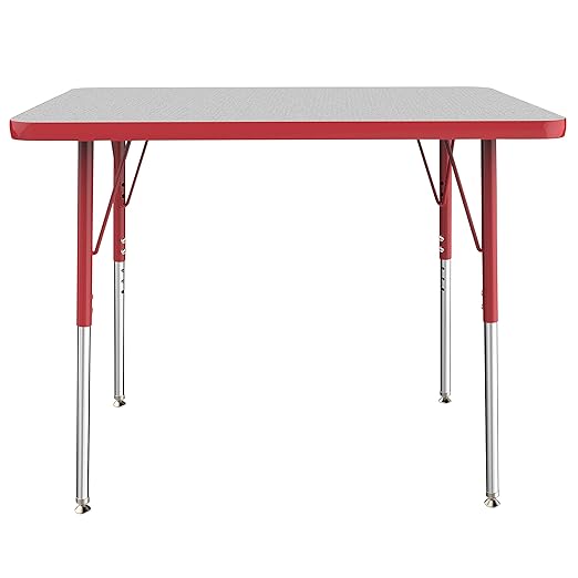 FDP Rectangle Activity School and Office Table (24 x 36 inch), Standard Legs with Swivel Glides, Adjustable Height 19-30 inches - Gray Top and Red Edge