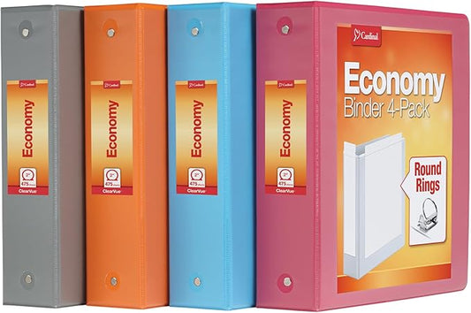 Cardinal 3 Ring Binders, Binders for School and Office, Durable 2 Inch, Round Rings, Holds 475 Sheets, ClearVue Presentation View, Non-Stick, Assorted Autumn Colors, 4 Pack (1002481)