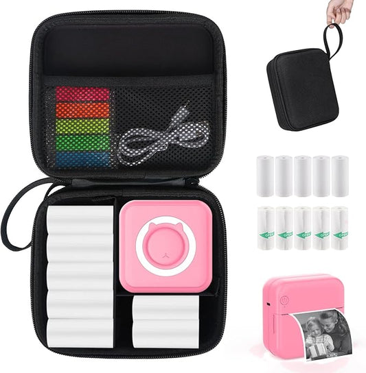 Pink Mini Pocket Printer with Black Case, Mini Thermal Printer with 10 Rolls Thermal Paper, Portable Photo Printers for Travelling, Journal, Memo, Photo, Study Notes, Shopping Lists