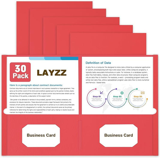 Folders with Pockets, LAYZZ 30 Pack Paper Pocket Folders, 2 Pocket Folders Fits Letter Size Paper, for School Office and Home (Red)