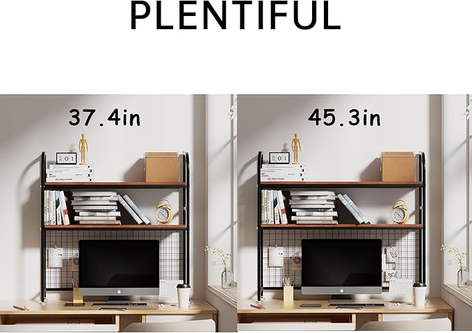 2-Tier Desktop Hutch Bookshelf - Metal Desk Shelf Bookcase with Grid Panel, Countertop Storage Organizer Rack for Dorm or Office, Black, 45.3" W