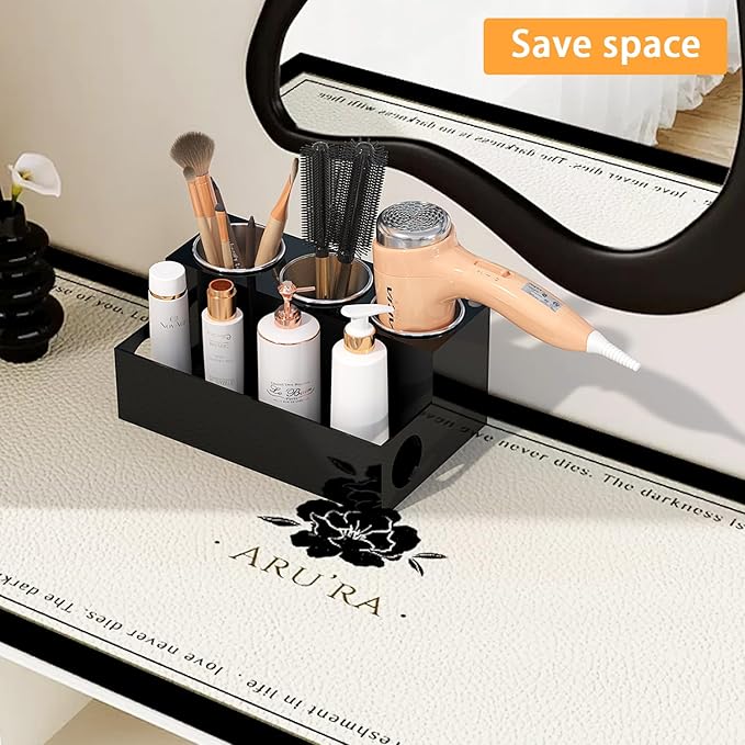 Hair Tool Organizer, Black Acrylic Hair Dryer Holder with 3 Cups, Bathroom Supplies Countertop Blow Dryer Holder, Vanity Caddy Storage Stand for Accessories, Makeup, Toiletries