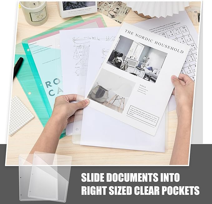 Seajan 100 Pcs Pocket Folders for 3 Ring Binder Clear Plastic Folders Sleeves with 2 Pockets 3 Hole Punch Binder Dividers Poly Slash File Jackets for Office School Document Organizer (White)