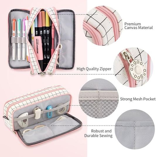 ANGOOBABY Large Pencil Case Big Capacity 3 Compartments Canvas Pencil Pouch for Teen Boys Girls School Students (Pink Strip Black Grid)