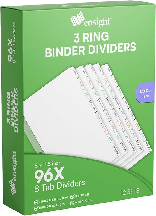 Ensight 3 Ring Page Dividers Bulk, 1/8 Cut Tab Dividers - 96 Per Box Divider Pages with Tabs, Decorative Printable Rewritable Divider Tabs, Exhibit Tab Dividers for 3 Ring Binders Bulk