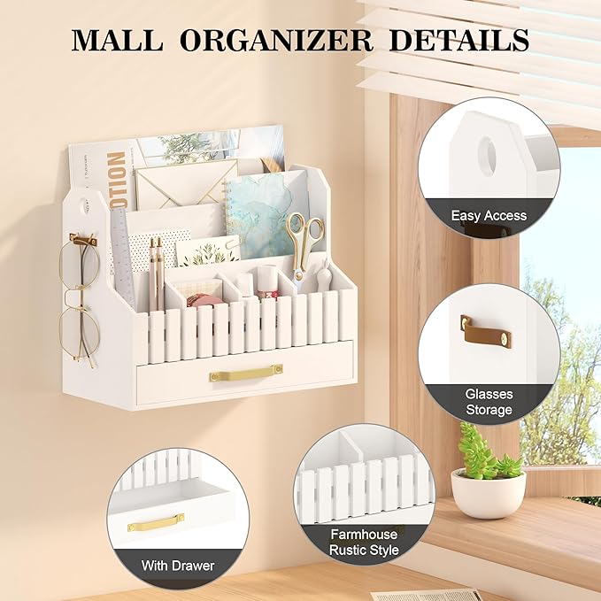 Bamboo Mail Organizer Countertop with Drawers, Wood Desk File Organizer Desktop Paper Organization Storage Bill & Letter Sorter Holder for School Home Office Supplies, No Assembly Required (White)