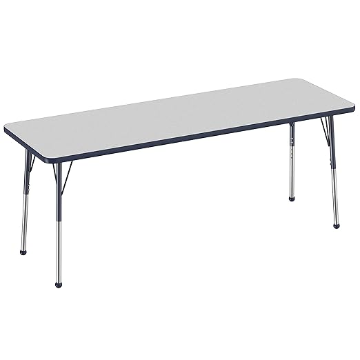 FDP Rectangle Activity School and Office Table (24 x 72 inch), Standard Legs with Ball Glides, Adjustable Height 19-30 inches - Gray Top and Navy Edge