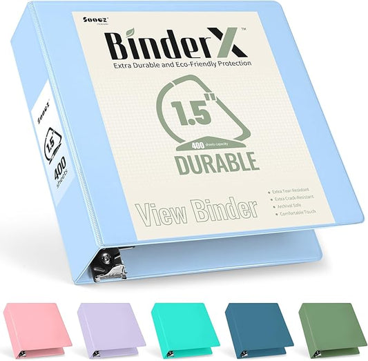 Sooez BinderX Extra Durable 1.5 Inch 3 Ring Binder, D-Ring Large Binders, Holds 400 Sheets of 8.5x11 Paper, Customizable View Cover with Inside Pockets, Heavy Duty 3 Ring Binder for School,Light Blue