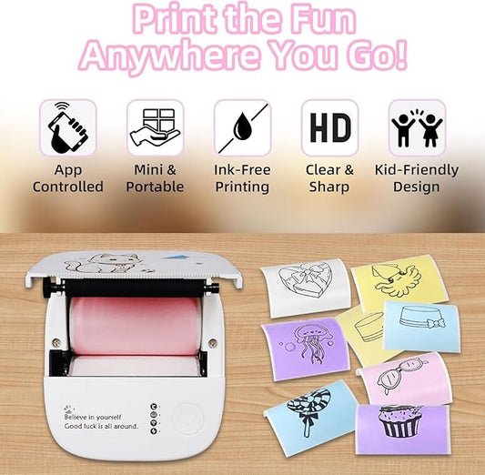 Mini Sticker Printer with 10 Rolls Thermal Paper, Bluetooth Portable Inkless Printer for iOS & Android, Pocket Print Pod for Notes, Journals, Photos, DIY Crafts, Kids Gift, Study Supplies