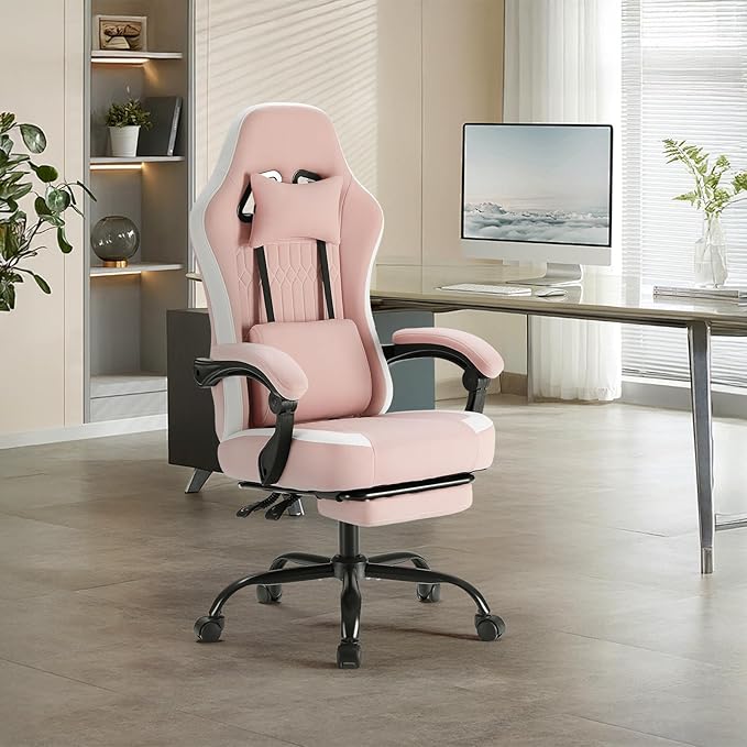 Sweetcrispy Computer Gaming Chair - High Back Ergonomic Desk Chair with Footrest and Lumbar Support, Height Adjustable Task Chair with Linkage Armrests and Headrest, 360° Swivel Wheels, Pink