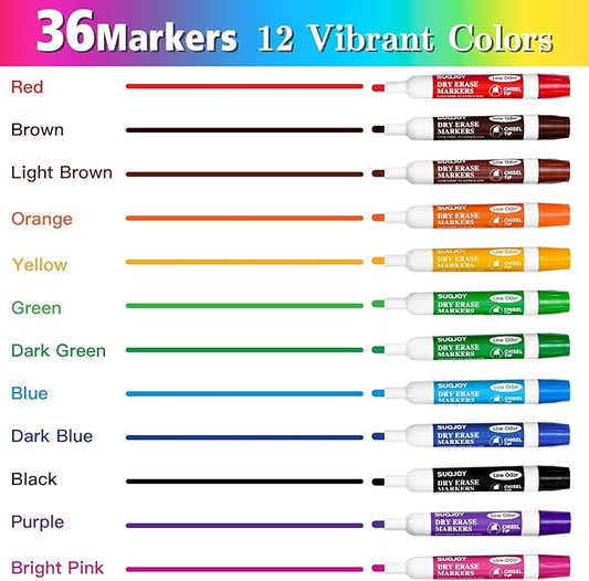 Dry Erase Markers, Bulletl Tip Whiteboard Markers, Low Odor Thick Dry Markers, 36 Bulk 12 Assorted Color Marker for Whiteboard, Classroom, Office & Home (36 Count 12 Colors)