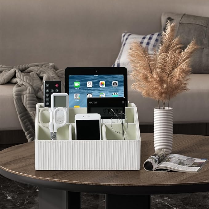 Remote Control Holder with 5 Compartments for Office Art Supplies, PU Leather Nightstand Organizer Pencil Pen Desk Caddy for Home, Desktop TV Remote Control Organizer Storage (Striped Ivory)