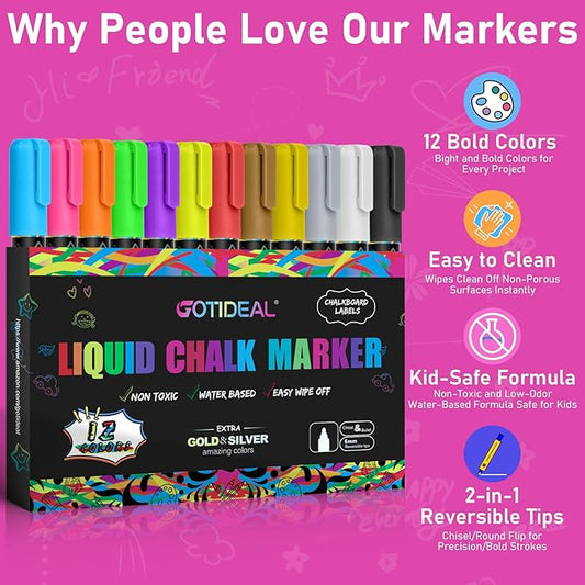 GOTIDEAL Chalk Markers, 12 Colors Liquid Chalk Markers for Blackboard Chalkboard Calendar Glass Neon Pens, Washable Window markers Paint and Drawing for Car, Auto, Bistro,Mirror Wet Erase Chisel Tip
