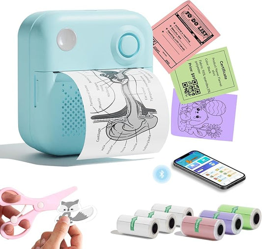 Sticker Printer with 7 Rolls Paper, Portable Mini Sticker Maker Bluetooth Thermal Printer for Photos, DIY,Crafts,Journal,Study,Work, Compatible Phone&Tablet (Blue)