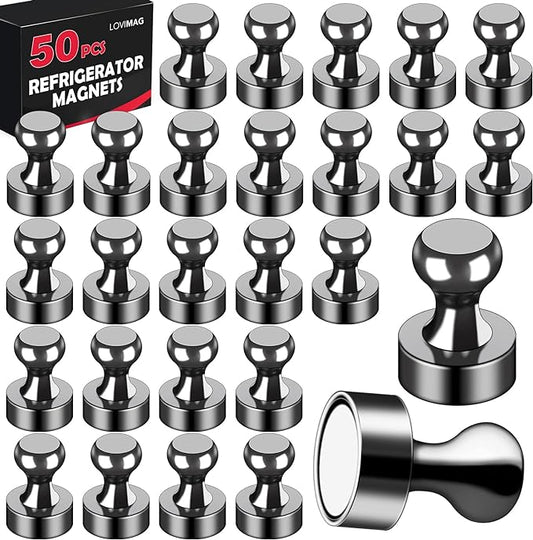 LOVIMAG 50Pcs Fridge Magnets, Black Refrigerator Magnets for Whiteboard, Strong Metal Magnet for Fridge, Whiteboard, Office, Classroom, Map, Kitchen,Magnetic Push Pins, Thumb Tacks Magnet