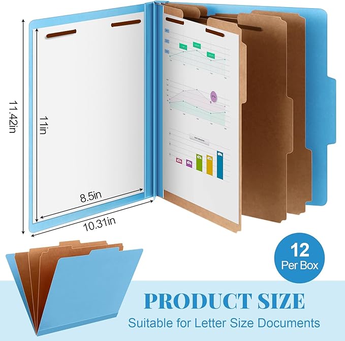 12 Pcs Classification Folders Letter Size, 3 Divider Pressboard File Folder with Fasteners, Expanding File Organizer Bulk for Teachers, Clergy, Office, Church, Christmas Donations (Blue)