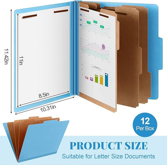 12 Pcs Classification Folders Letter Size, 3 Divider Pressboard File Folder with Fasteners, Expanding File Organizer Bulk for Teachers, Clergy, Office, Church, Christmas Donations (Blue)
