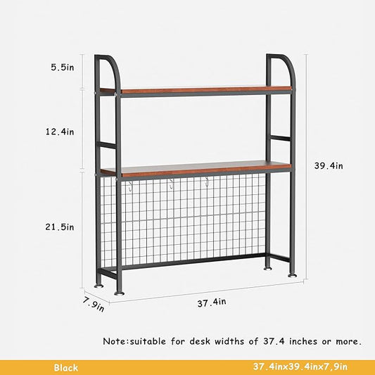2-Tier Desktop Hutch Bookshelf - Metal Desk Shelf Bookcase with Grid Panel, Countertop Storage Organizer Rack for Dorm or Office, Black, 37.4" W