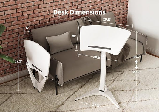 Claiks Mobile Standing Desk, Portable Rolling Workstation With Wheels, Pneumatic Height Adjustable Sit-Stand With 90 Tiltable, Foldable Non-Slip Computer Stand, White