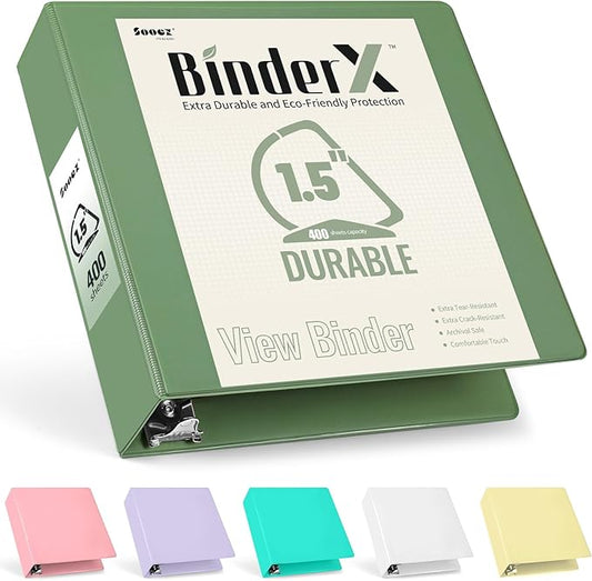 Sooez BinderX Extra Durable 1.5 Inch 3 Ring Binder, D-Ring Large Binder, Holds 400 Sheets of 8.5x11 Paper, Customizable View Cover with Inside Pockets, Heavy Duty 3 Ring Binder for School, Olive Green