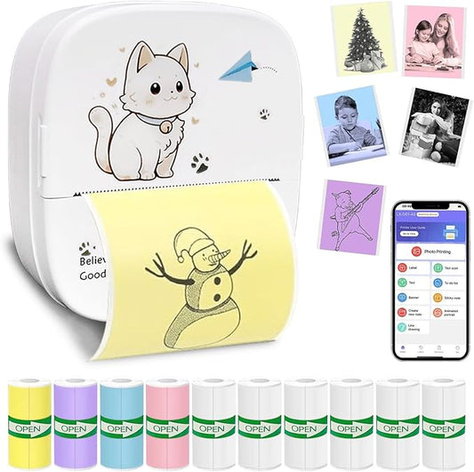 Mini Sticker Printer with 10 Rolls Thermal Paper, Bluetooth Portable Inkless Printer for iOS & Android, Pocket Print Pod for Notes, Journals, Photos, DIY Crafts, Kids Gift, Study Supplies