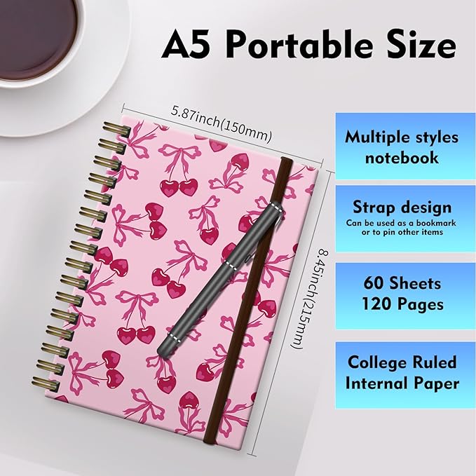 Bansutay Spiral Journal Notebook, A5 Cute Notebooks for Women Men, College Ruled Hardcover Notebook for Work & Note Taking, 60 Pages Double-Wire Journals for Writing (Cute Pink Cherry Bow)