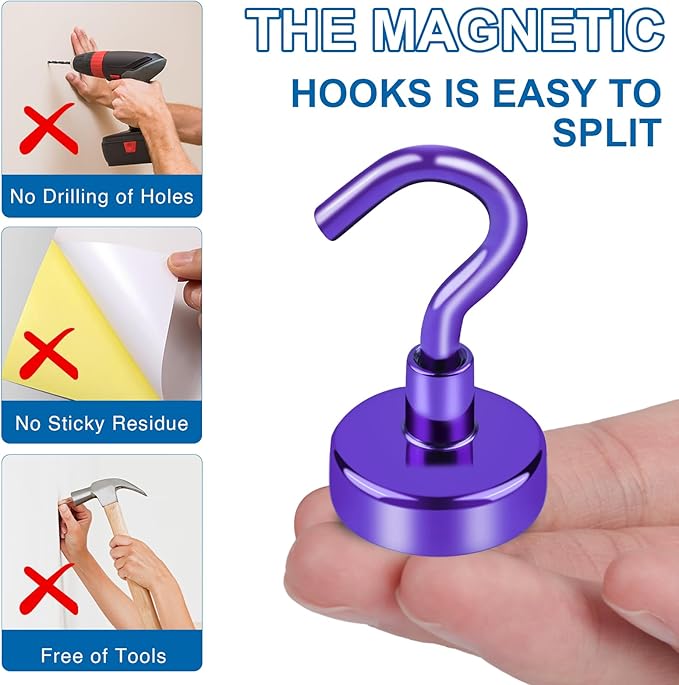 LOVIMAG Cruise Ship Essentials, 150Lbs Magnetic Hooks Heavy Duty, Purple Magnetic Hook for Cabins, Strong Magnets Hook for Hanging-12 Pack