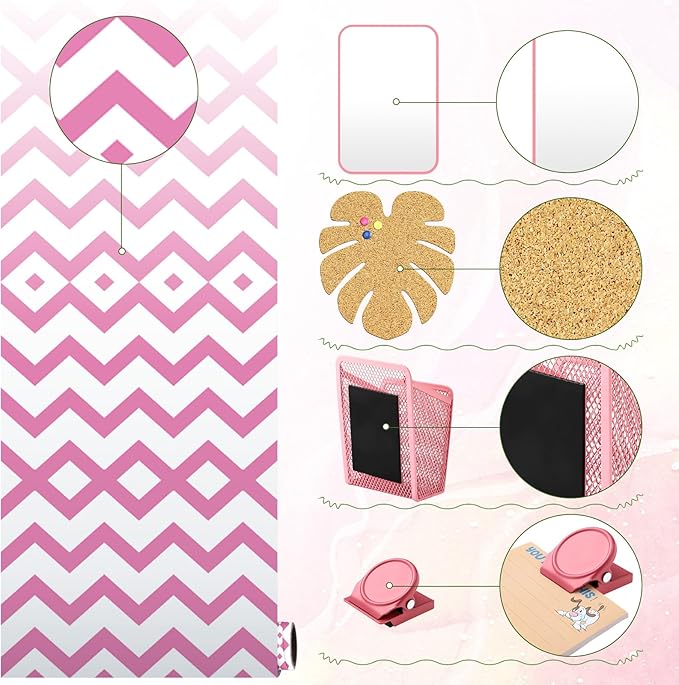 Harloon 15 Pc Locker Decoration & Organizer Kit - Tropical Locker Wallpaper, Pen Holder, Mirror, Whiteboard Marker, Cork Board with 3 Push Pins, 3 Magnetic Clips, 6 Magnets (Pink Wave)