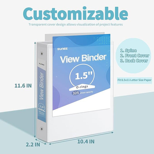 SUNEE 3 Ring Binder 1.5 Inch 10 Pack, Clear View Binder Three Ring PVC-Free (Fit 8.5x11 Inches) for School or Office Supplies, White