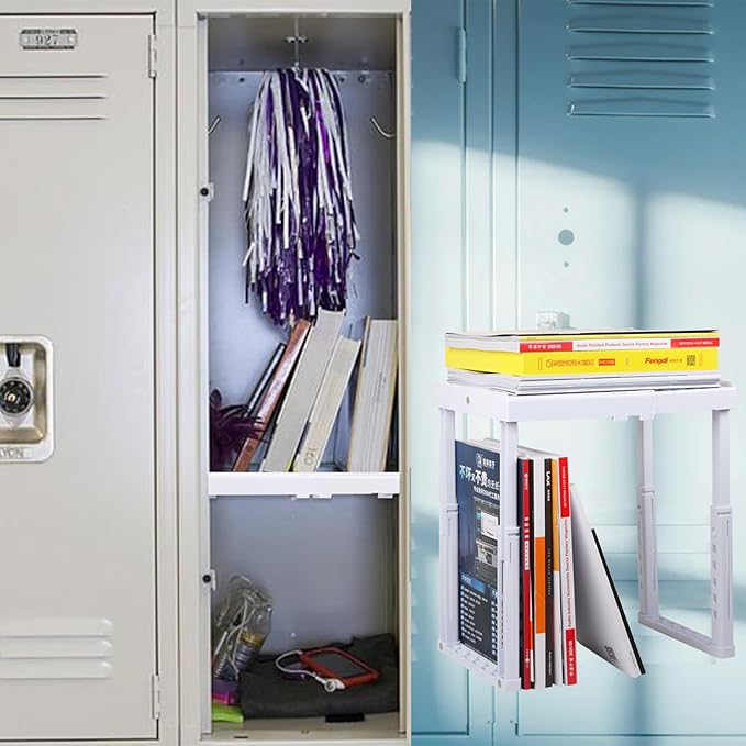 Adjustable Locker Shelf for School, Work & Gym Lockers – Expandable Width & Height, Stackable, Magnetic Support, Durable Locker Organizer Shelf – Easy to Assemble, Fits Standard Lockers, White