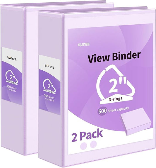 SUNEE 3 Ring Binder 2 Inch, Clear View Binder Three Ring PVC-Free (Fit 8.5x11 Inches) for School or Office Supplies, Purple, 2 Pack