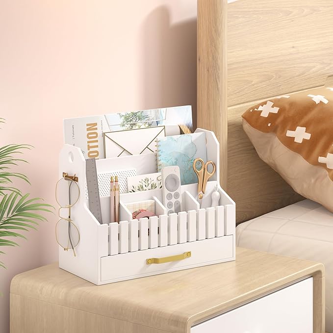 Bamboo Mail Organizer Countertop with Drawers, Wood Desk File Organizer Desktop Paper Organization Storage Bill & Letter Sorter Holder for School Home Office Supplies, No Assembly Required (White)