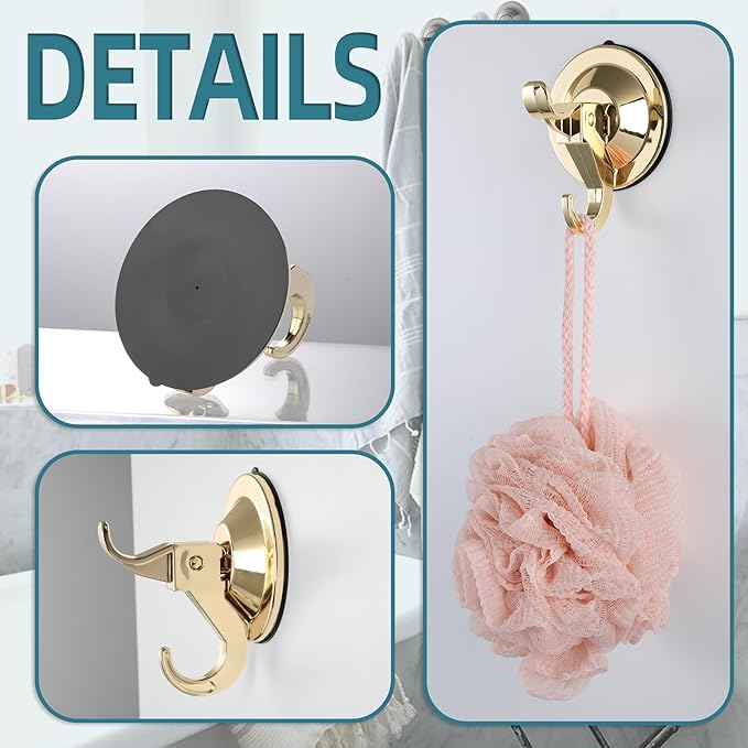 Antimbee Shower Suction Cup Hooks, 10 Pack Removable Glass Wall Holder Hook, Small Suction Utility Hook for Bathroom Kitchen Decor, Up to 11 lbs on Smooth Surface-2 Hooks Design (Gold)