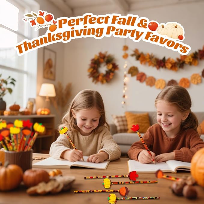 Fall Pencils Thanksgiving Pencil Halloween Pencils with Giant Maple Leaves Pumpkins Scarecrow Eraser Fall Stationery Pencil for Thanksgiving Party Favor(24)