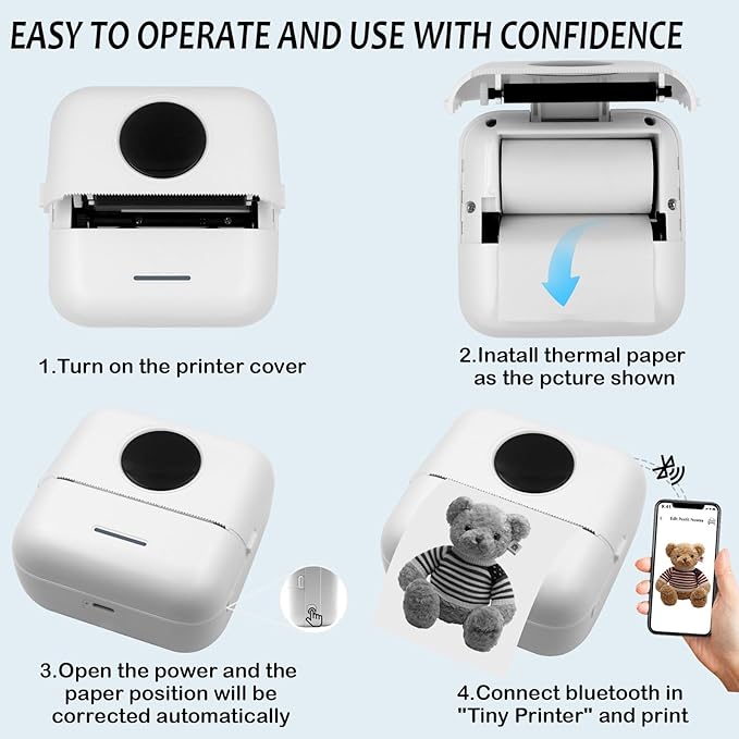 MXiiXM Mini Sticker Printer, Portable Pocket Smart Inkless Thermal Printer with 13 Roll Papers, Bluetooth Mini Printer for Notes, Photos, Stickers, Labels, Receipts (White)