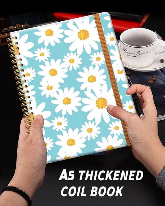 Ruled Spiral Writing Notebook,A5 Hardcover Lined College Journal for Women Lady Girl,Strong Twin-Wire Binding with Premium Paper,8.4" X 6",Perfect for School,Office,Home Gifts(white daisy)