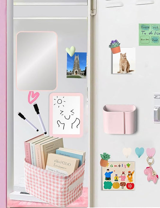 12 Pcs Pink Locker Accessories Kit Locker Organizer for Girls, Magnetic Whiteboard Magnet Locker Mirror Rug Pen Holder Storage Basket Hook, Back to School Locker Kit for School Locker Decor Office